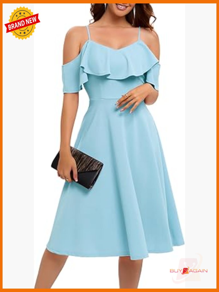 Off Shoulder Cocktail Dress Spaghetti Strap A-Line Midi Formal Wedding Guest